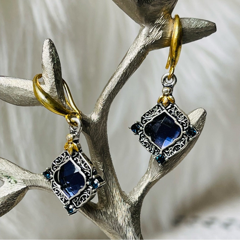 Art Deco Design Something Purple Hue Two Tone Gold Silver Filigree Earrings
